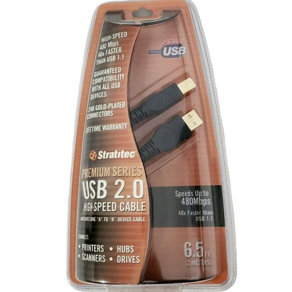 New STRATITEC USB Premium Gold Plated 2.0 High Speed A to B Cable Connector 6.5' - Picture 1 of 4